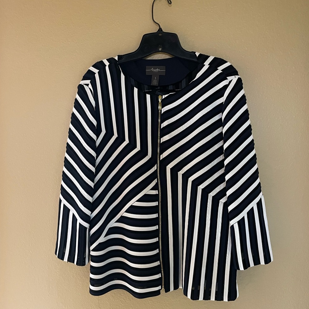 Chico’s Navy Striped Jacket- size 1 (equivalent size 8-10)